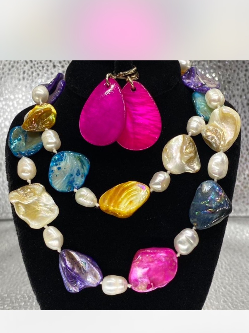 *** Albalone ^*^  Multicolor Shell / Pearl Statement Necklace / Shell Earrings - Picture 5 of 7